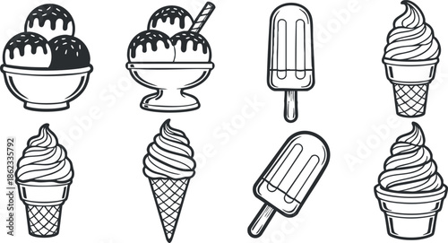 Collection of black and white vector illustrations of various ice cream desserts including cones, sundaes, and popsicles.