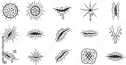 Set of modern black and white vector icons depicting various microorganisms and symbols related to infection and biology