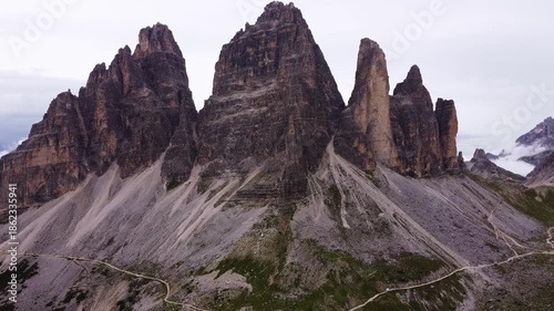 Epic Wide Aerial Panorama of Tre Cime di Lavaredo Moutain Group