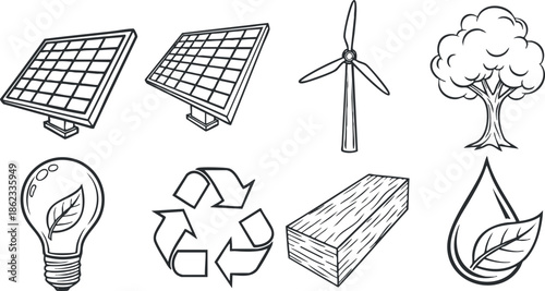 Hand-drawn vector icon set featuring renewable energy symbols including solar panels, wind turbine, tree, light bulb, and recycling.