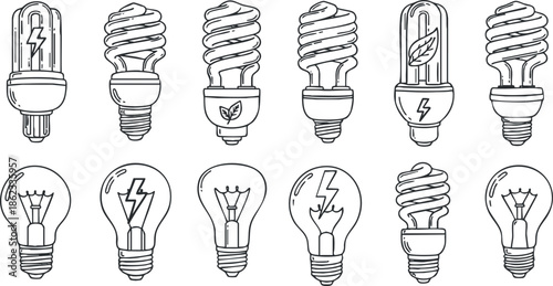 Outline vector illustration of various light bulbs showcasing different designs and energy concepts for eco-friendly and modern applications