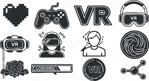 Modern flat design vector icon collection of virtual reality elements for gaming and technology projects