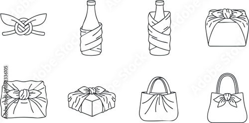 Outline vector illustration set of various gift wrapping techniques including furoshiki bags and bows for eco-friendly packaging