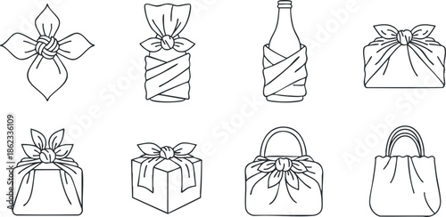 Outline vector illustration of gift wrapping designs featuring various styles of wrapped presents and bags for creative packaging ideas