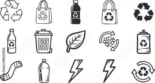 Modern outline vector icon set showcasing recycling and eco-friendly symbols for environmental awareness and sustainability projects
