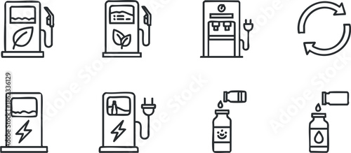Outline vector icon set depicting various fuel and energy concepts including gas, electric pumps, and eco-friendly alternatives.