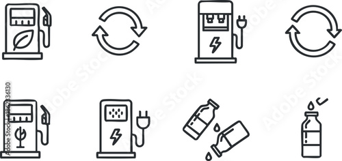 Outline vector icons representing fuel, electric vehicle charging, and sustainable energy concepts for transportation and infrastructure design.