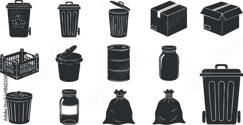 Flat design vector icon set featuring various trash and recycling containers, suitable for environmental and waste management projects