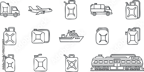 Collection of outline vector icons depicting various transportation vehicles and fuel containers for logistics and travel themes
