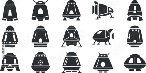 Set of modern black and white vector icons featuring various spaceship designs for technology and science projects