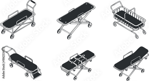 Outline vector illustration of various shopping carts and trolleys designed for retail and grocery use