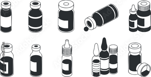 Vector illustration of a variety of medical vials and bottles in a minimalist style for healthcare design projects