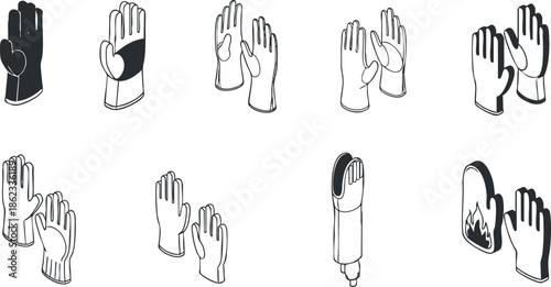 Collection of vector illustrations featuring various types of gloves in black and white style for safety and utility applications