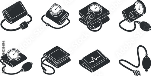 Collection of minimalist black and white vector icons representing various blood pressure monitoring devices and equipment for healthcare applications
