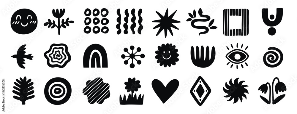 Fototapeta premium Boho organic shapes with floral, bird and eye motifs and flowing lines. Monochrome line art, hand drawn.