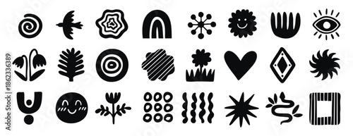 Boho organic shapes with floral, bird and eye motifs and flowing lines. Monochrome line art, hand drawn.