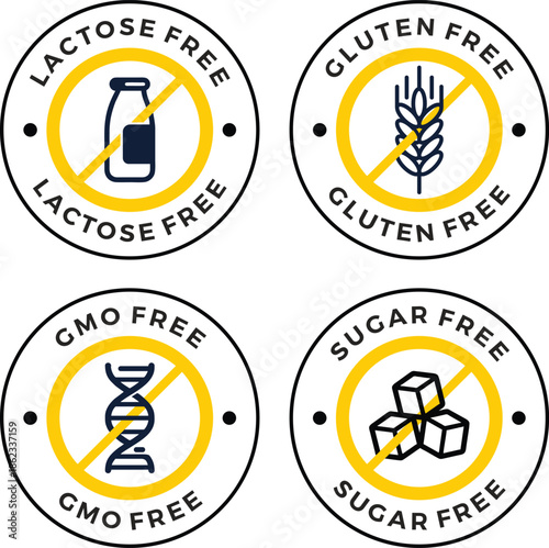 Set of Modern Dietary Restriction Vector Icons: Lactose Free, Gluten Free, GMO Free, Sugar Free Labels
