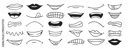 Mouth smiles expressions set collection doodle hand drawn icon. Outline mouth drawing mouth tongue line clipart symbol.