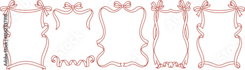 Set of elegant pink ribbon frame borders and decorative bow ornaments for wedding invitations and greeting card designs isolated on transparent background