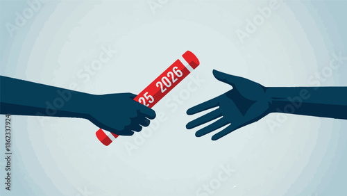 Hands passing a red baton with years 2025 and 2026, symbolizing future transition