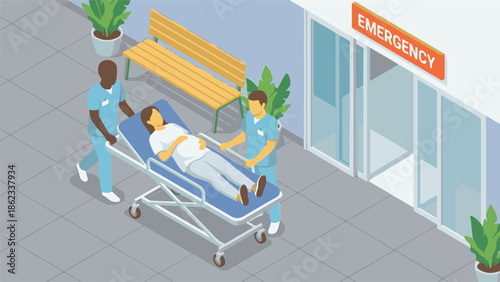 Two medical professionals transport pregnant woman to hospital emergency
