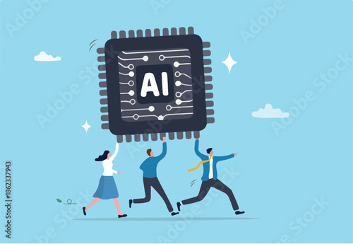 Embrace AI, Artificial Intelligence adoption, user or people who use AI to help and support work success, innovation or revolution to change business concept, business people carry AI processing chip.