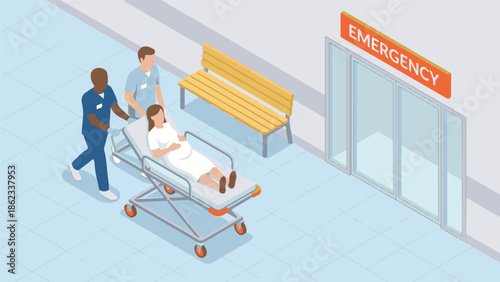 Medical staff transporting pregnant woman on gurney to emergency department