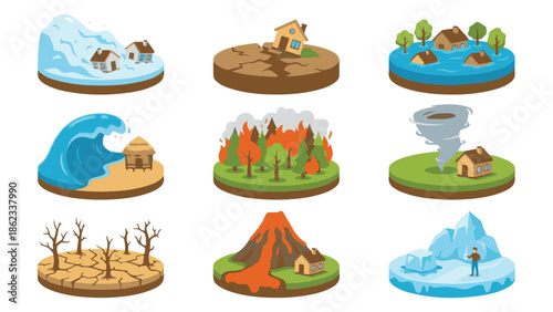 Isometric Icons of Natural Disasters and Climate Change Catastrophes