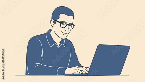 Man with Glasses Working on Laptop Illustration of Focus and Productivity.