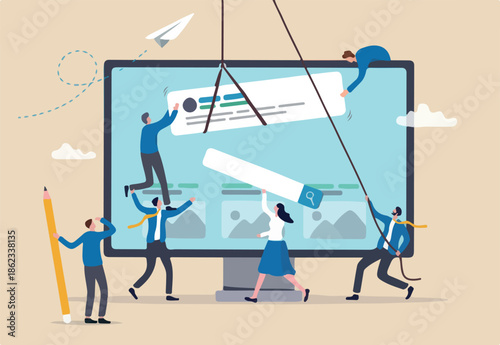 Website development, build homepage layout or html designer, SEO search engine optimization or site template creation concept, business people help carry web banner create website on computer screen