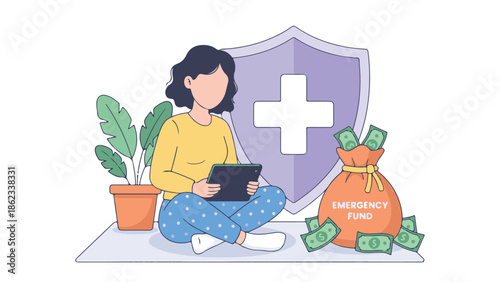 Woman managing personal health insurance and emergency savings fund
