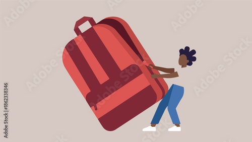 Stylized person struggling to pull an oversized and heavy backpack