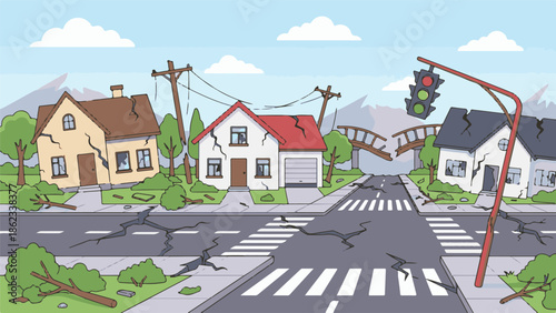 Earthquake aftermath showing damaged houses, cracked road, and broken bridge