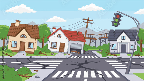 Cartoon illustration of a neighborhood devastated by a natural disaster