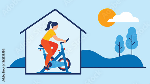 Woman exercising on stationary bike at home, healthy lifestyle illustration
