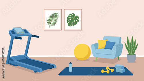 Modern home gym and living space with fitness equipment and green decor