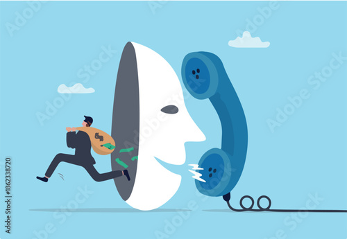 Phone scam, fraud or stealing money crime, cyber online safety hacking, thief with fake phone call or chat, illegal dishonesty concept, thief stealing money from mask talking on scam phone call