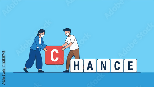 Masked people collaborate to build 'CHANCE' word blocks, representing opportunity