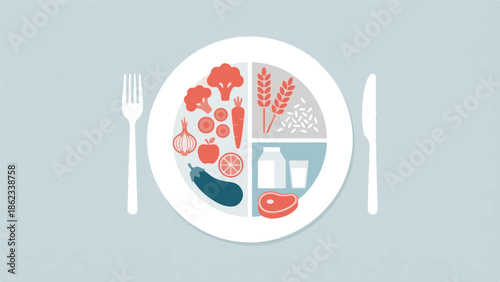 Balanced diet plate with essential food groups for healthy eating illustration