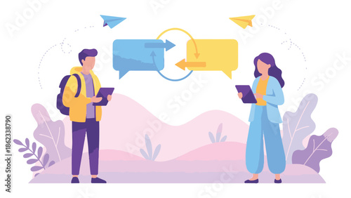 People communicating digitally with tablets and message exchange icons