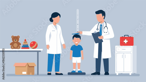 Child's height check-up by doctor and nurse in a pediatric clinic