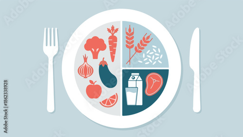 Healthy food plate illustration showing balanced diet and nutrition