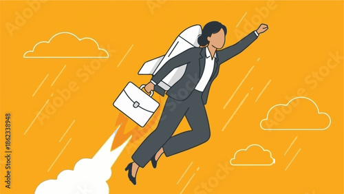 Ambitious businesswoman flying with rocket backpack, symbolizing career success