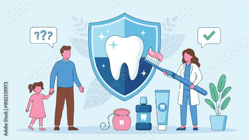 Illustration of family dental health, oral hygiene, and protection