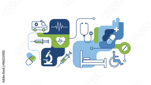 Medical Icons and Healthcare Elements A Comprehensive Visual Representation of Medical Services and Equipment.