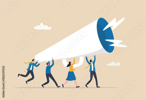 Marketing communication, announce promotion or communicate with employees, community or organization speech, loud voice or announcement concept, business people PR public relation shout on megaphone.