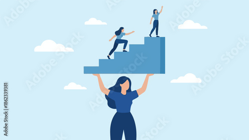 Woman holding up stairs for others to climb towards business success