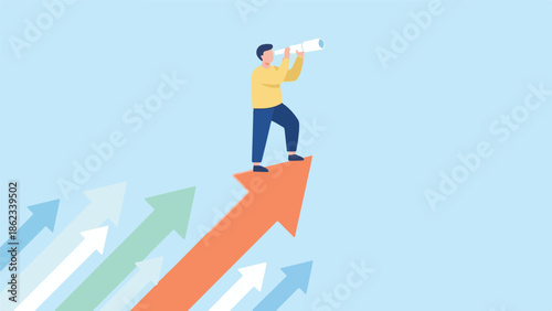Person on growth arrow using telescope for foresight and vision