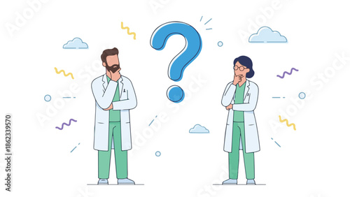 Doctors and scientists ponder a question mark, representing medical problems or research