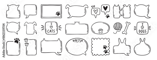 Cat dog pet frames speech bubbles set collection doodle hand drawn icon. Outline drawing animal badge line clipart symbol.